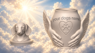 Pet Memorial Urn with Sculpted Hands & Paw Print – Multiple Breeds Available