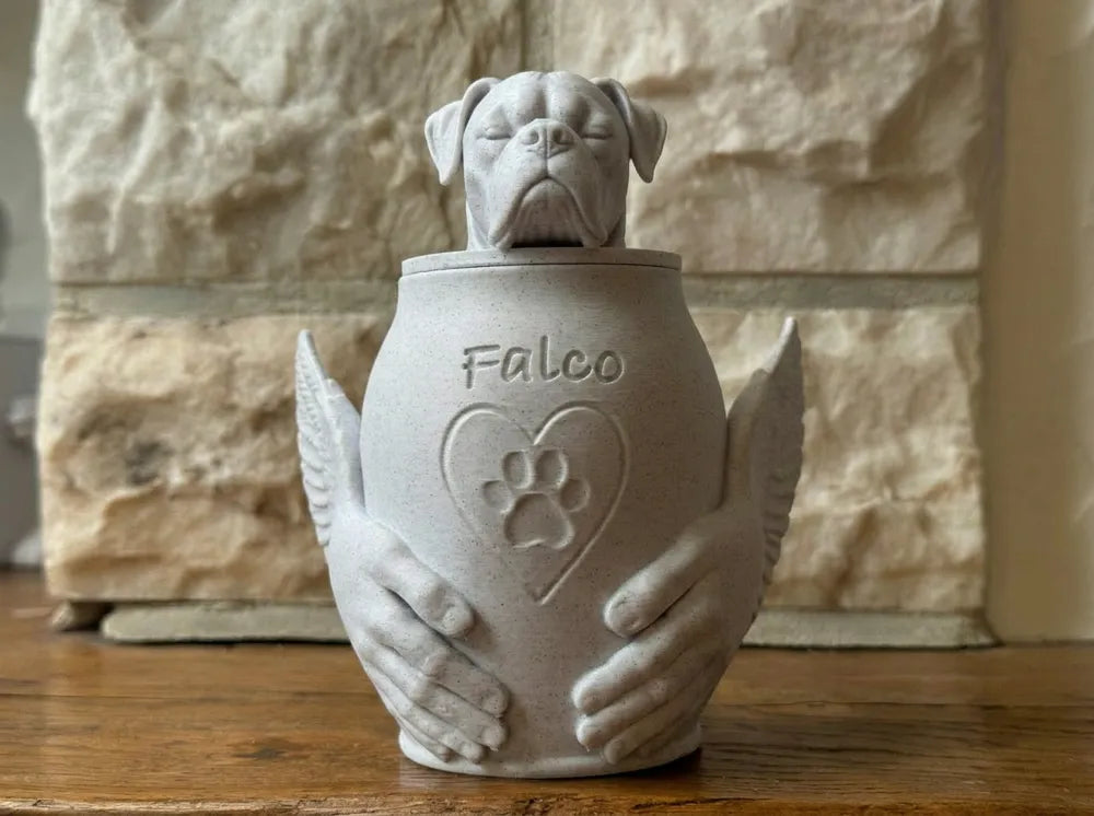 Pet Memorial Urn with Sculpted Hands & Paw Print – Multiple Breeds Available
