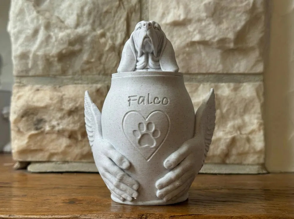 Pet Memorial Urn with Sculpted Hands & Paw Print – Multiple Breeds Available
