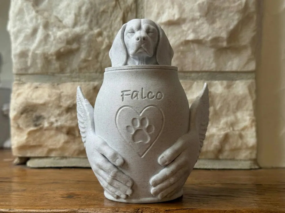Pet Memorial Urn with Sculpted Hands & Paw Print – Multiple Breeds Available