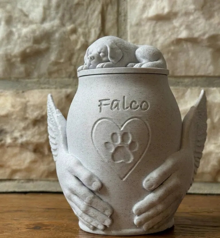 Pet Memorial Urn with Sculpted Hands & Paw Print – Multiple Breeds Available