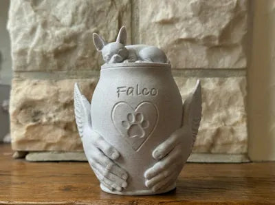 Pet Memorial Urn with Sculpted Hands & Paw Print – Multiple Breeds Available