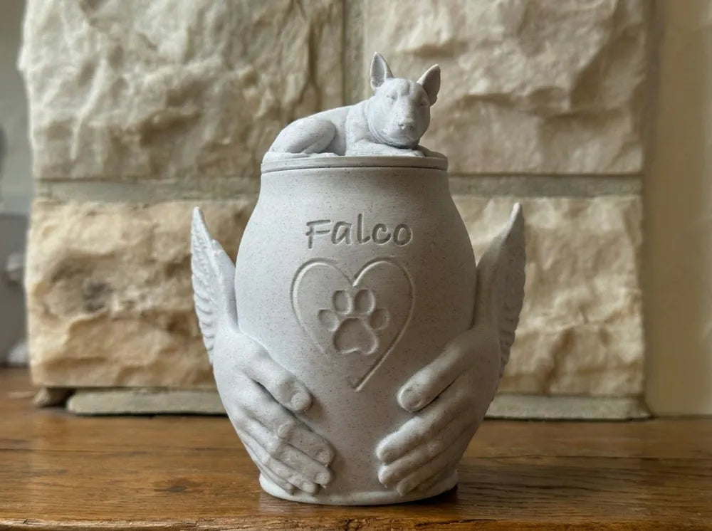 Pet Memorial Urn with Sculpted Hands & Paw Print – Multiple Breeds Available