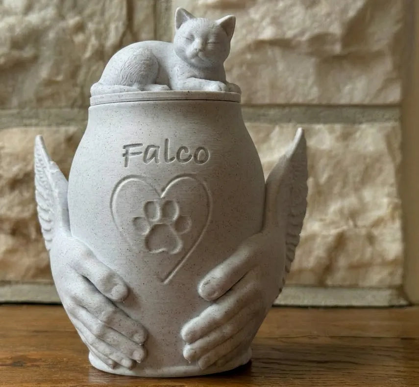 Pet Memorial Urn with Sculpted Hands & Paw Print – Multiple Breeds Available