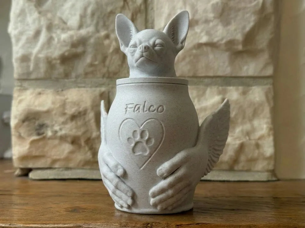Pet Memorial Urn with Sculpted Hands & Paw Print – Multiple Breeds Available