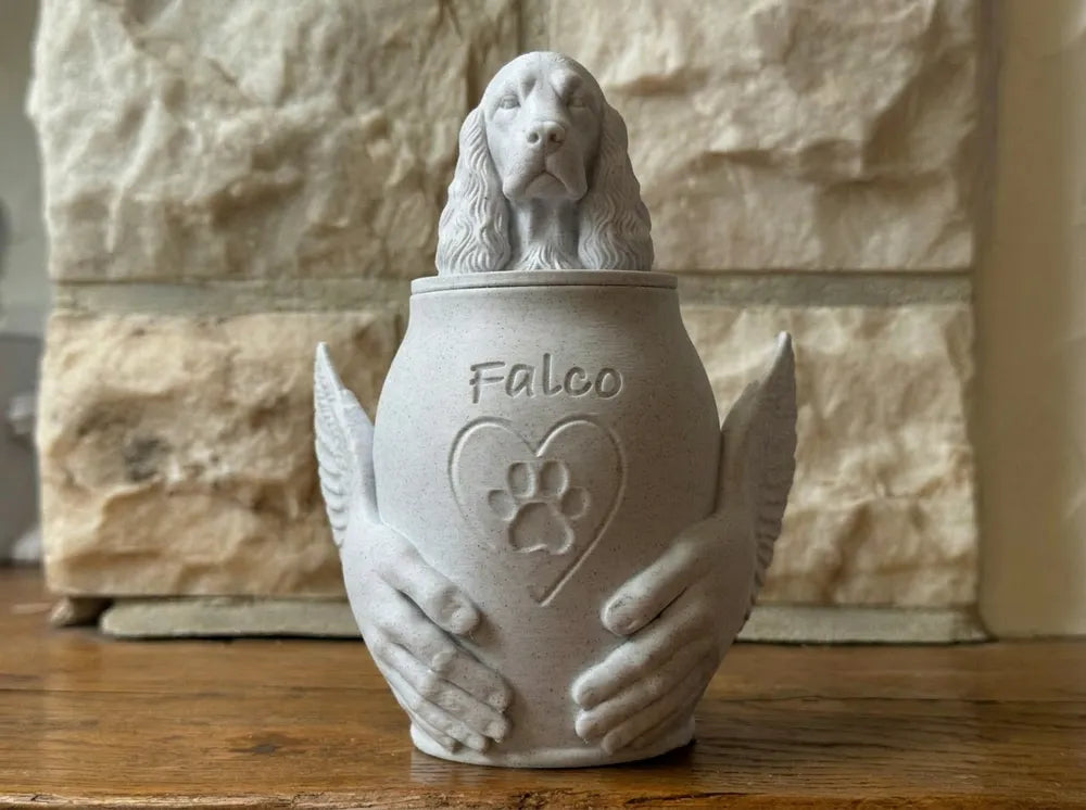 Pet Memorial Urn with Sculpted Hands & Paw Print – Multiple Breeds Available