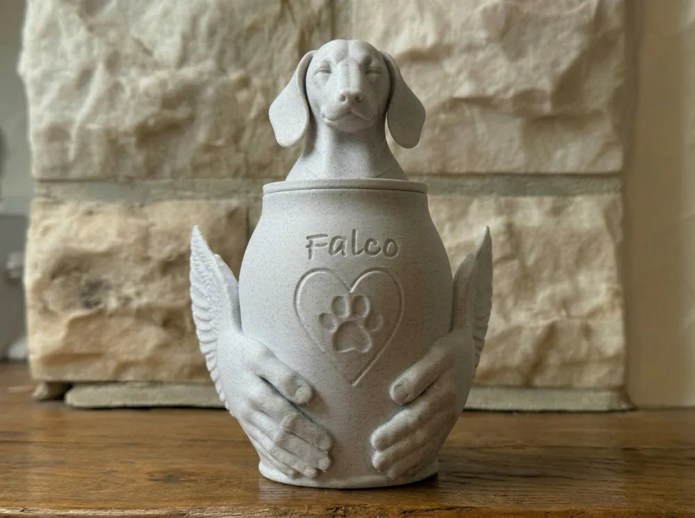 Pet Memorial Urn with Sculpted Hands & Paw Print – Multiple Breeds Available
