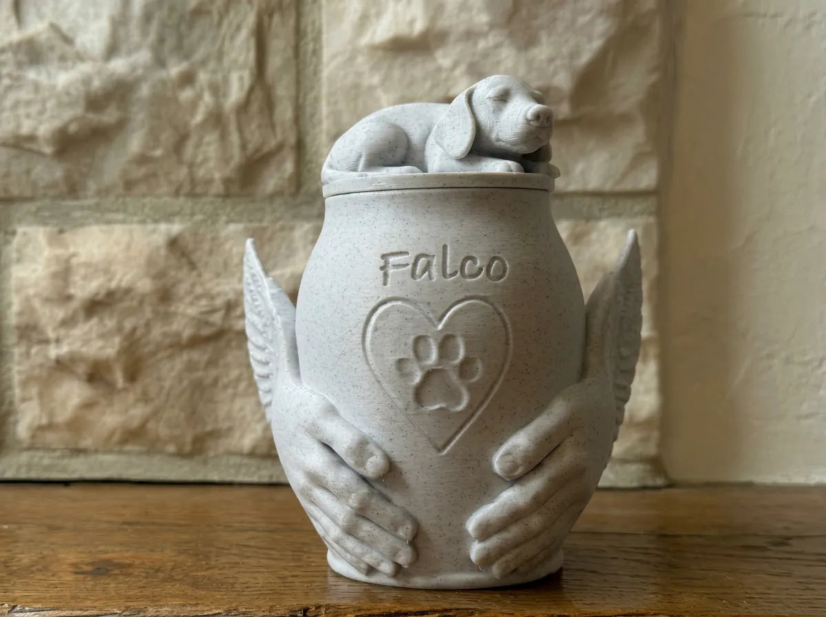 Pet Memorial Urn with Sculpted Hands & Paw Print – Multiple Breeds Available