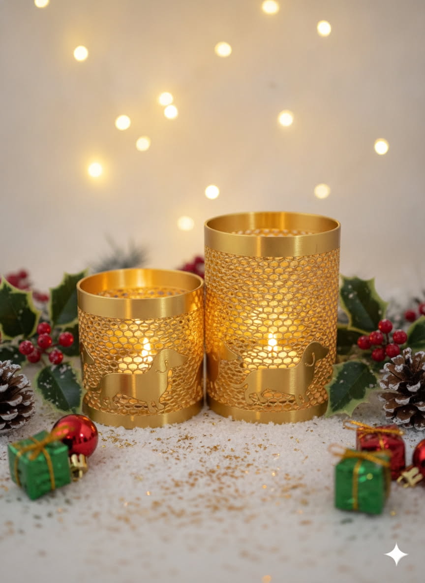 Dachshund Cup Holder & Tray Set with Tea Light – Gold Color-Shifting Finish