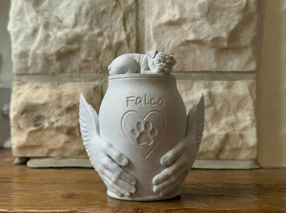Pet Memorial Urn with Sculpted Hands & Paw Print – Multiple Breeds Available