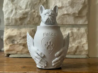 Pet Memorial Urn with Sculpted Hands & Paw Print – Multiple Breeds Available