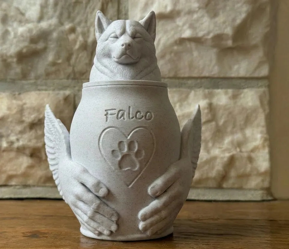 Pet Memorial Urn with Sculpted Hands & Paw Print – Multiple Breeds Available