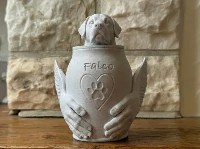 Pet Memorial Urn with Sculpted Hands & Paw Print – Multiple Breeds Available