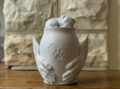 Pet Memorial Urn with Sculpted Hands & Paw Print – Multiple Breeds Available