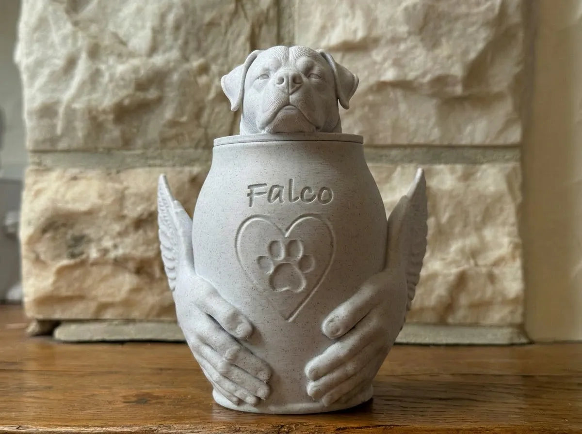 Pet Memorial Urn with Sculpted Hands & Paw Print – Multiple Breeds Available