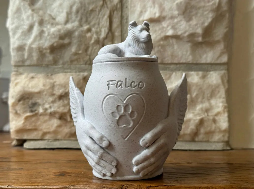 Pet Memorial Urn with Sculpted Hands & Paw Print – Multiple Breeds Available