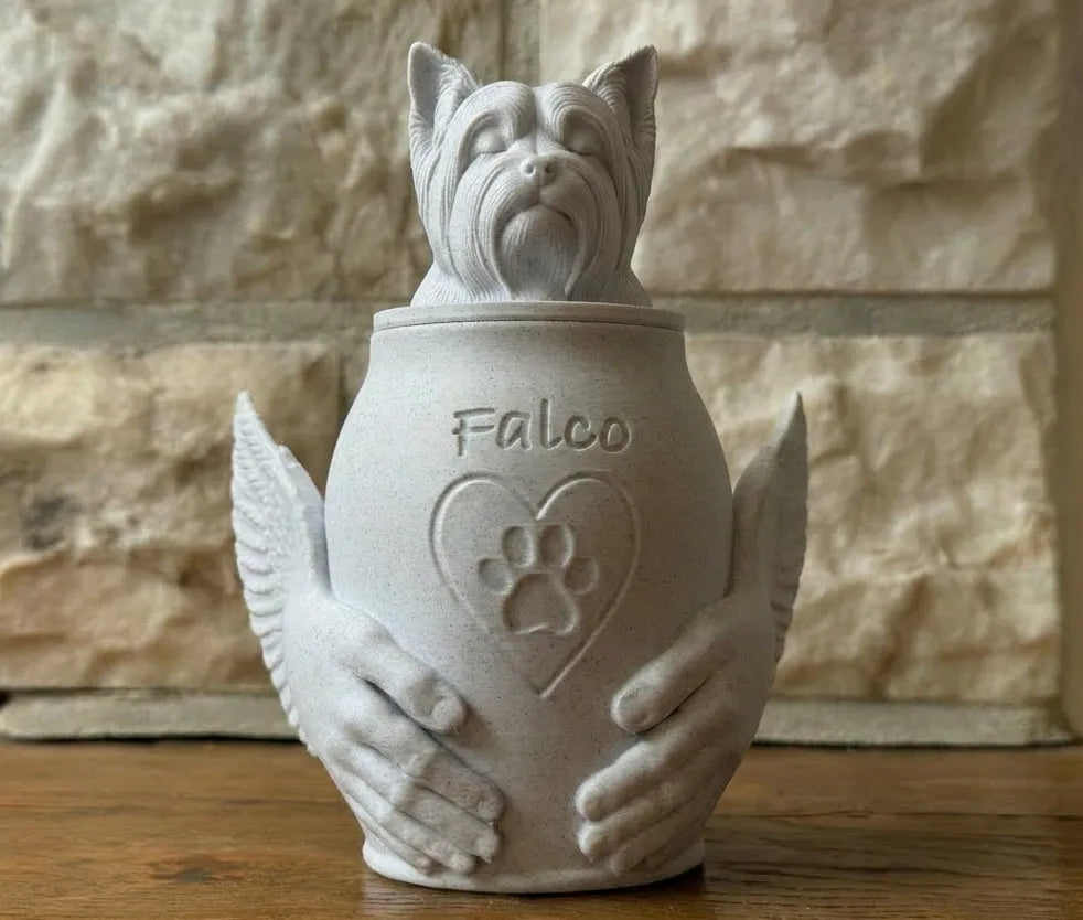 Pet Memorial Urn with Sculpted Hands & Paw Print – Multiple Breeds Available